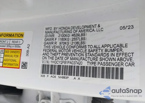 2023 Honda Accord Hybrid Touring from USA, damaged, VIN 1HGCY2F81PA037420